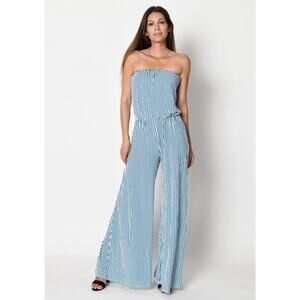 NEW Tart Valerie Blue Striped Strapless Wide Leg Tube Top Romper Jumpsuit Size M